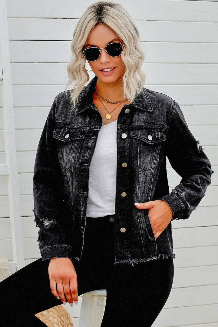 Bouncing Doodle Distressed Raw Hem Denim Jacket