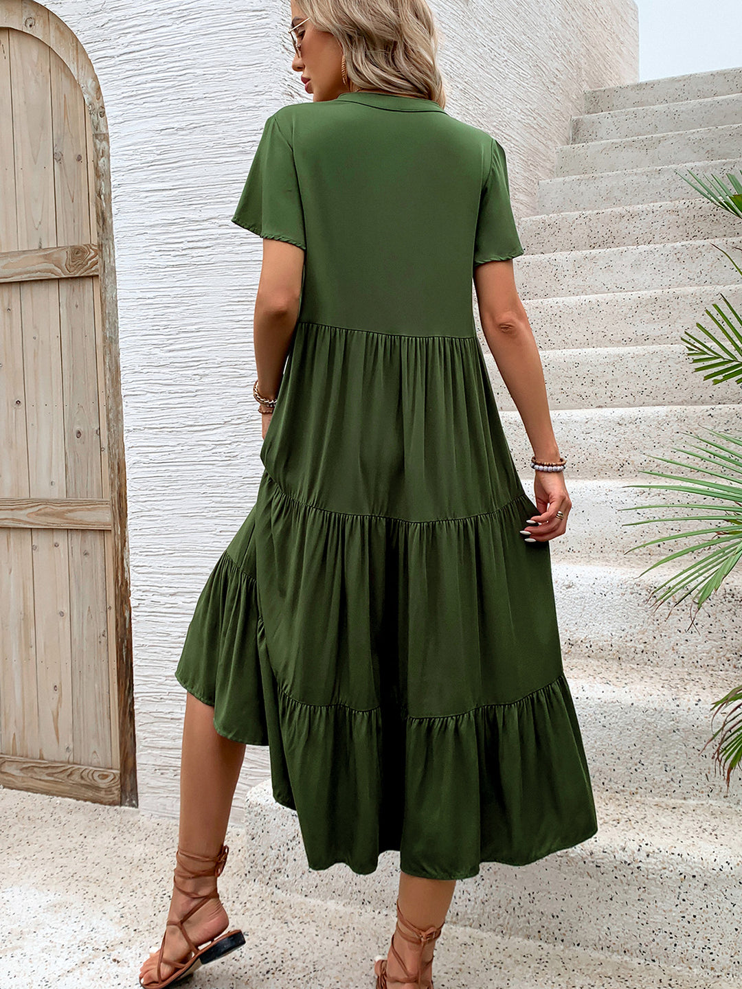 Bouncing Doodle Tiered Notched Short Sleeve Midi Dress