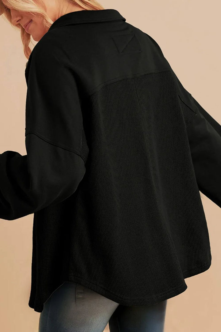 The Bouncing Doodle Waffle-Knit Collared Neck Long Sleeve Shacket