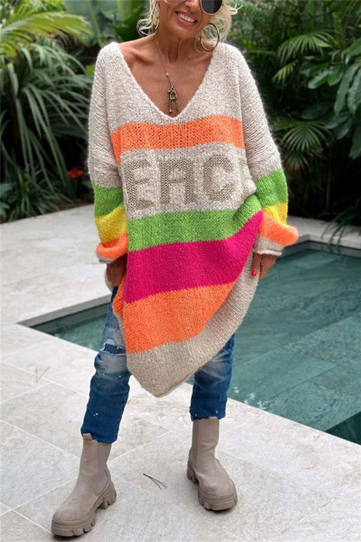 Bouncing Doodle Color Block V-Neck Long Sleeve Sweater Dress