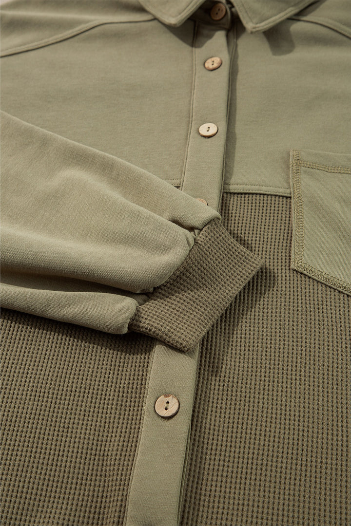 The Bouncing Doodle Waffle-Knit Collared Neck Long Sleeve Shacket