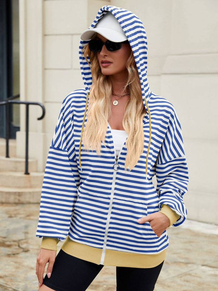 The Bouncing Doodle Drawstring Striped Zip Up Long Sleeve Hoodie