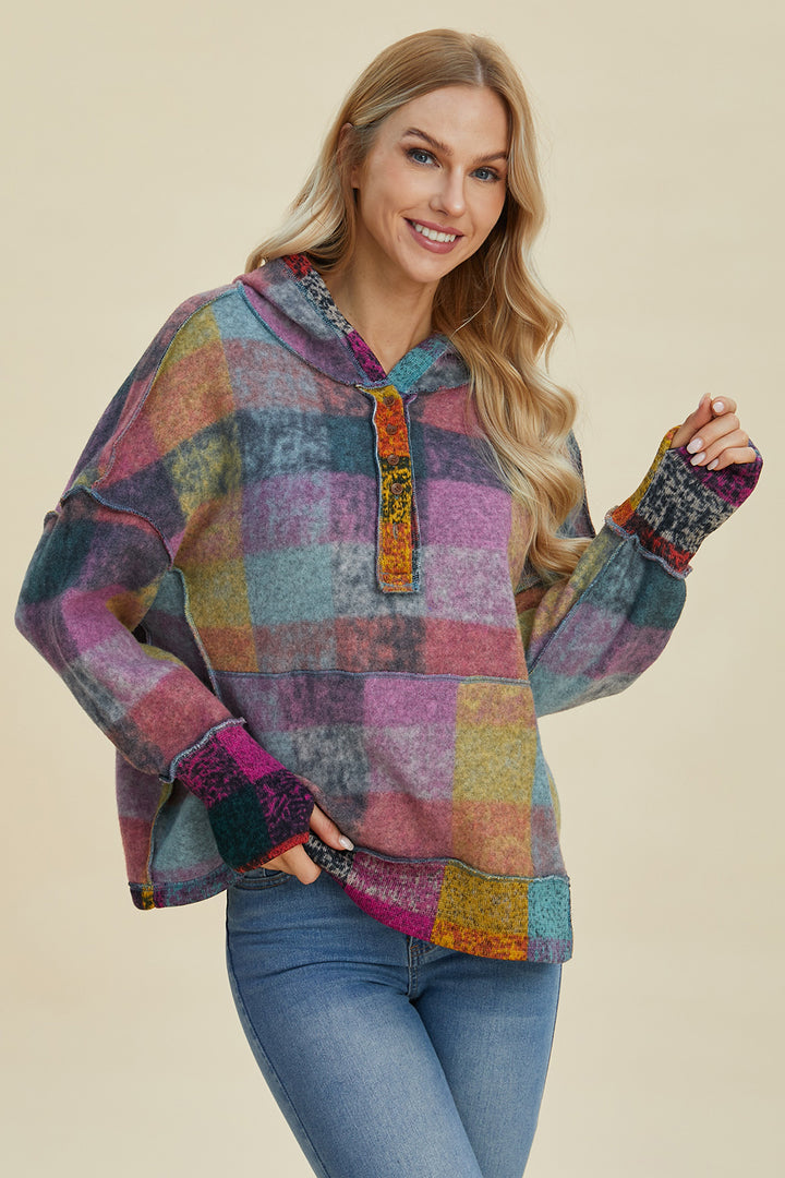The Bouncing Doodle Plaid Dropped Shoulder Hoodie