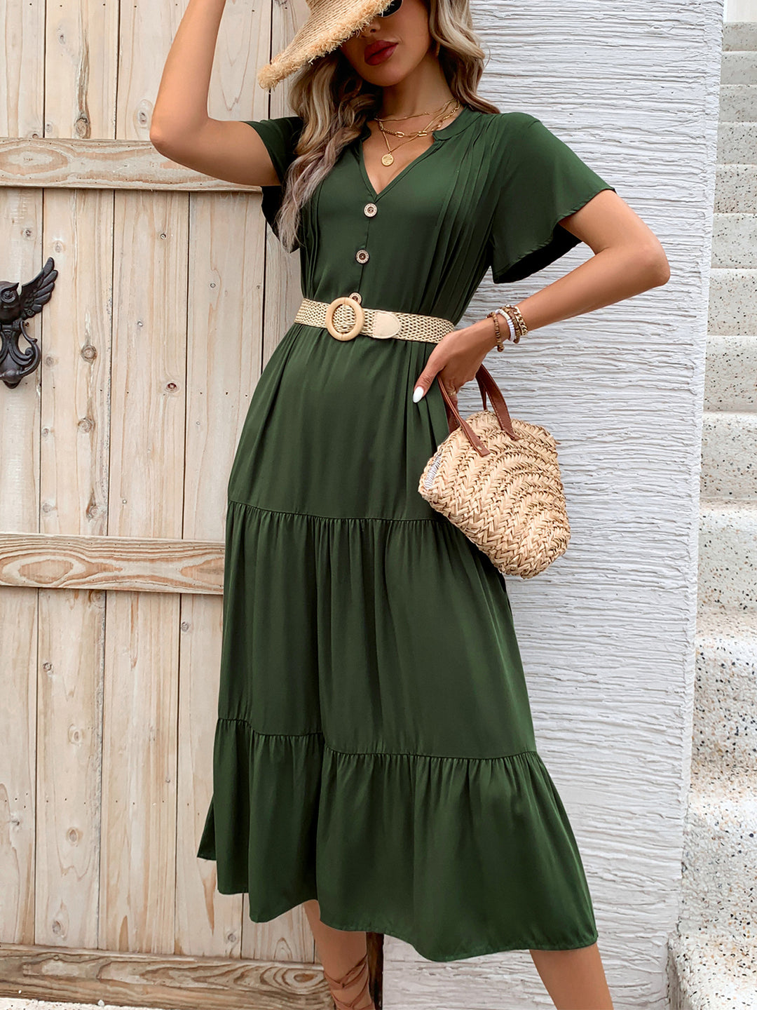 Bouncing Doodle Tiered Notched Short Sleeve Midi Dress