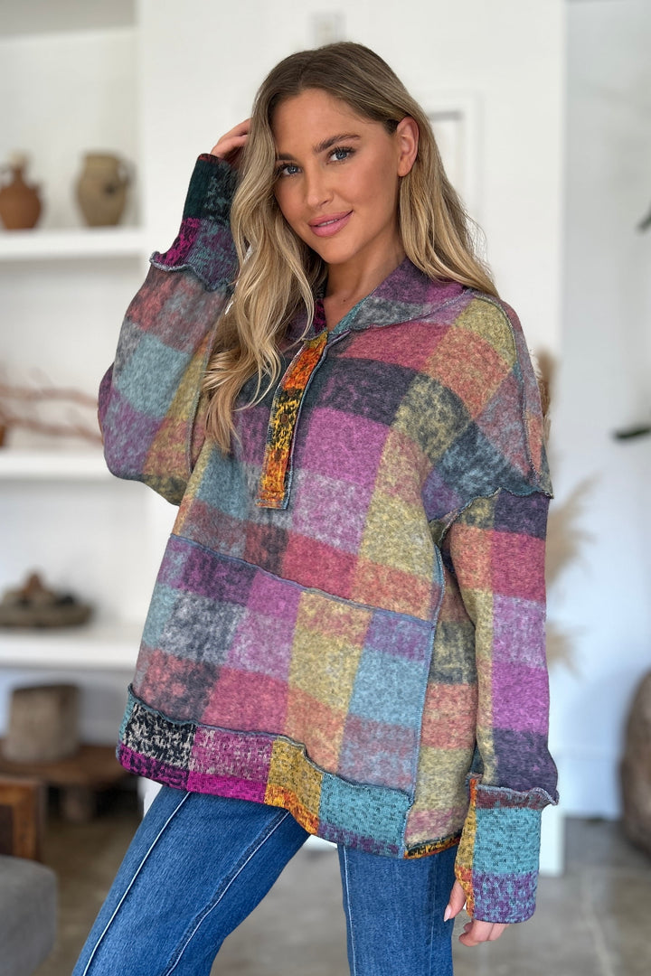 The Bouncing Doodle Plaid Dropped Shoulder Hoodie