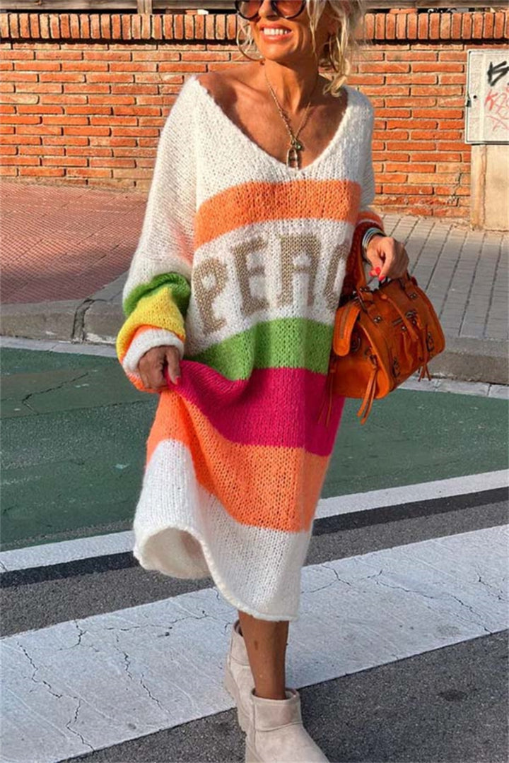 Bouncing Doodle Color Block V-Neck Long Sleeve Sweater Dress