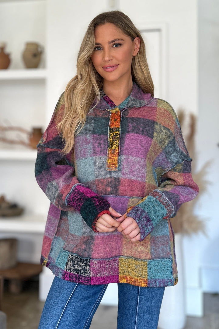 The Bouncing Doodle Plaid Dropped Shoulder Hoodie