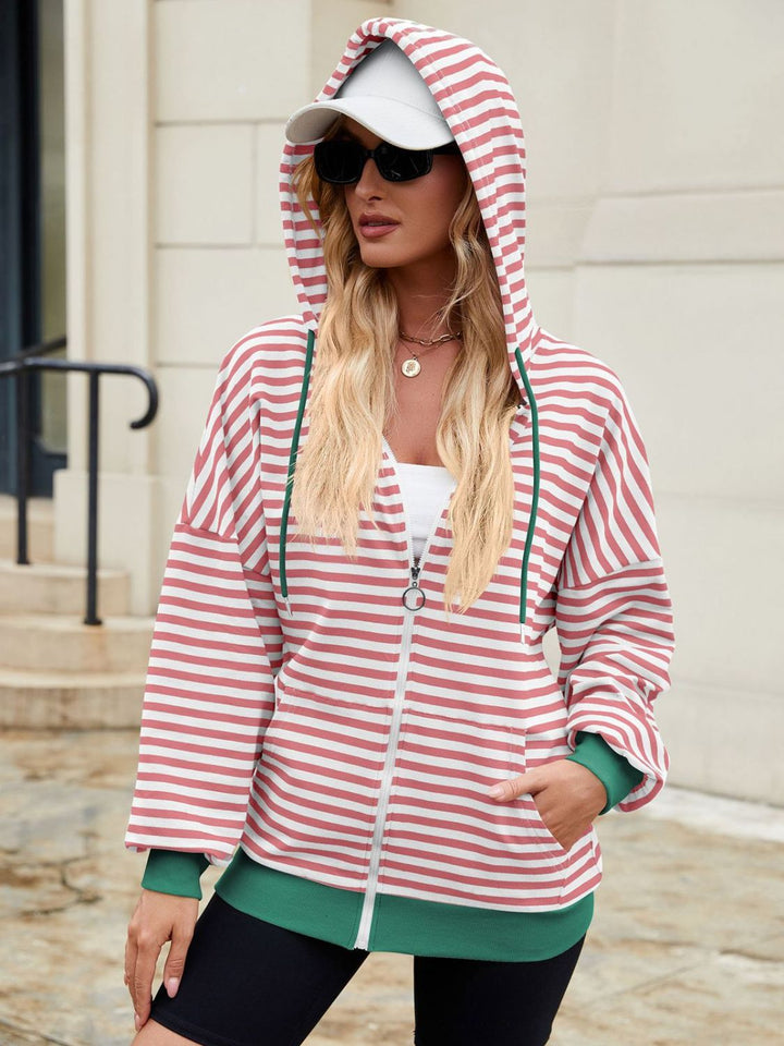 The Bouncing Doodle Drawstring Striped Zip Up Long Sleeve Hoodie