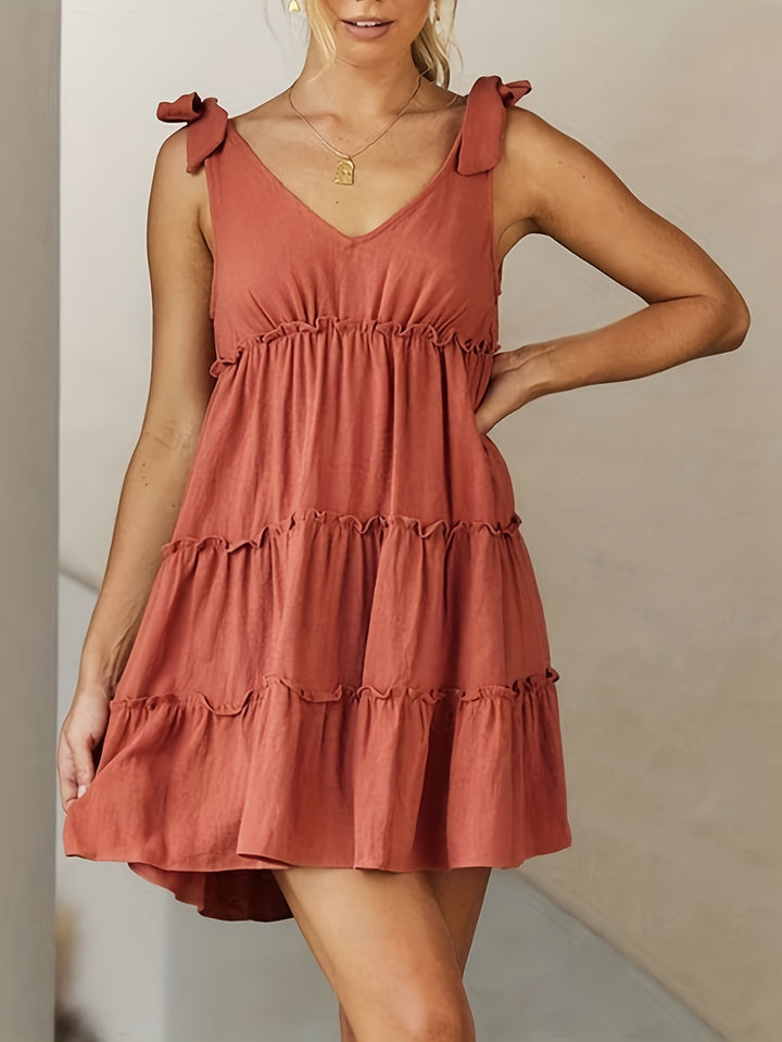 Bouncing Doodle Frill V-Neck Tie Shoulder Mini Dress