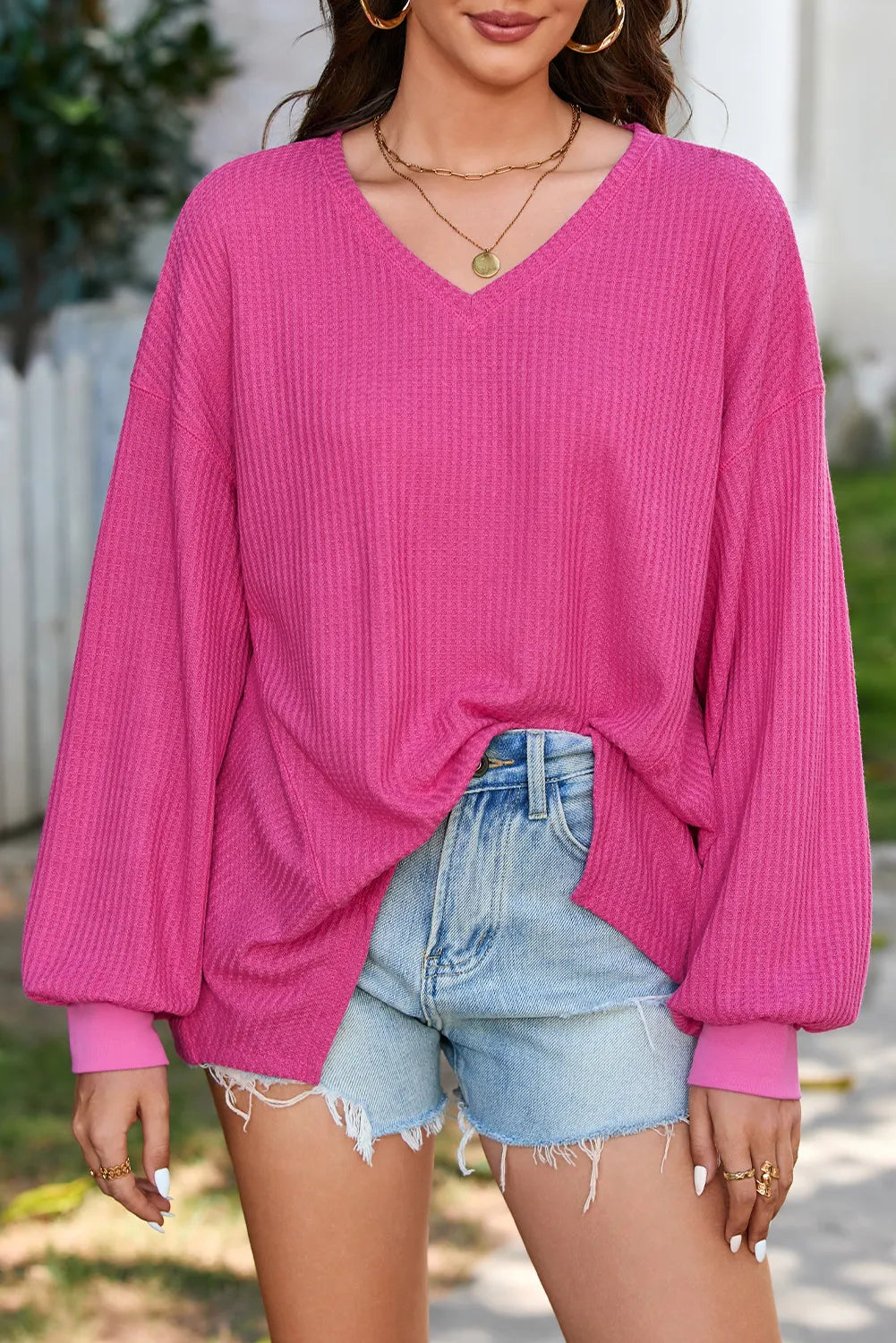 The Bouncing Doodle Waffle-Knit V-Neck Long Sleeve Top