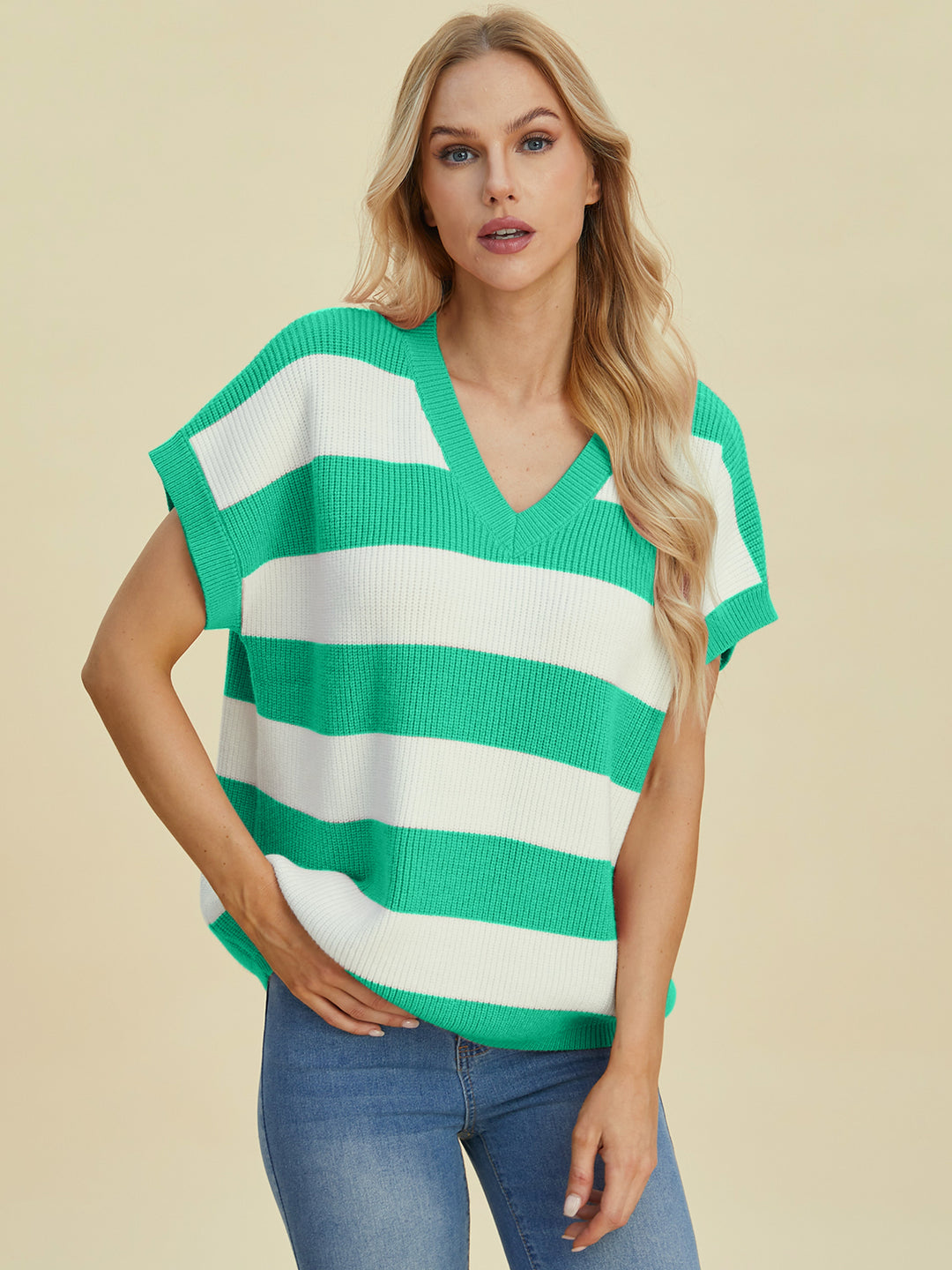 The Bouncing Doodle Striped V-Neck Short Sleeve Sweater
