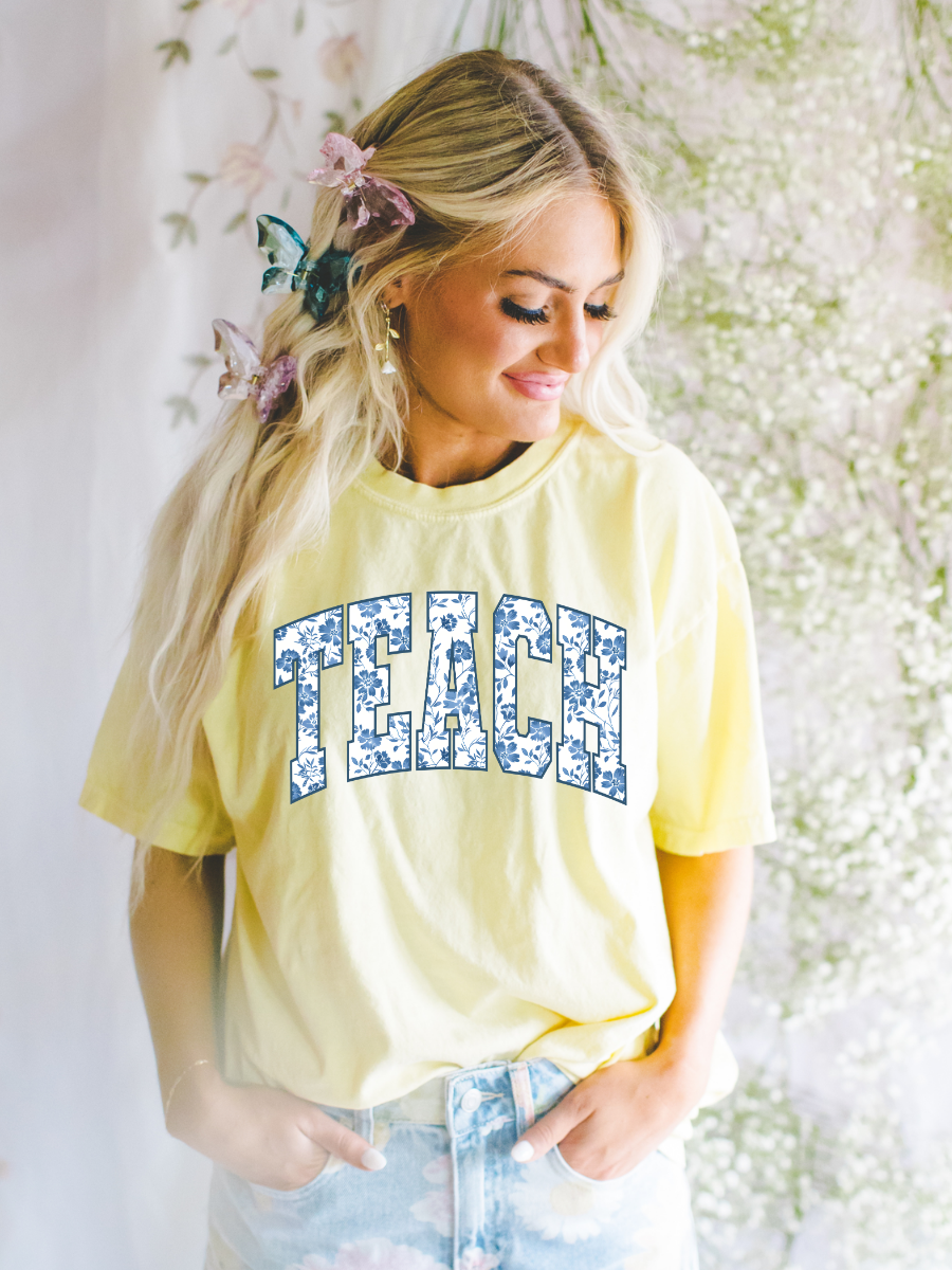Blue Floral Varsity Teach Graphic Tee