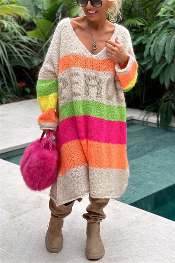 Bouncing Doodle Color Block V-Neck Long Sleeve Sweater Dress