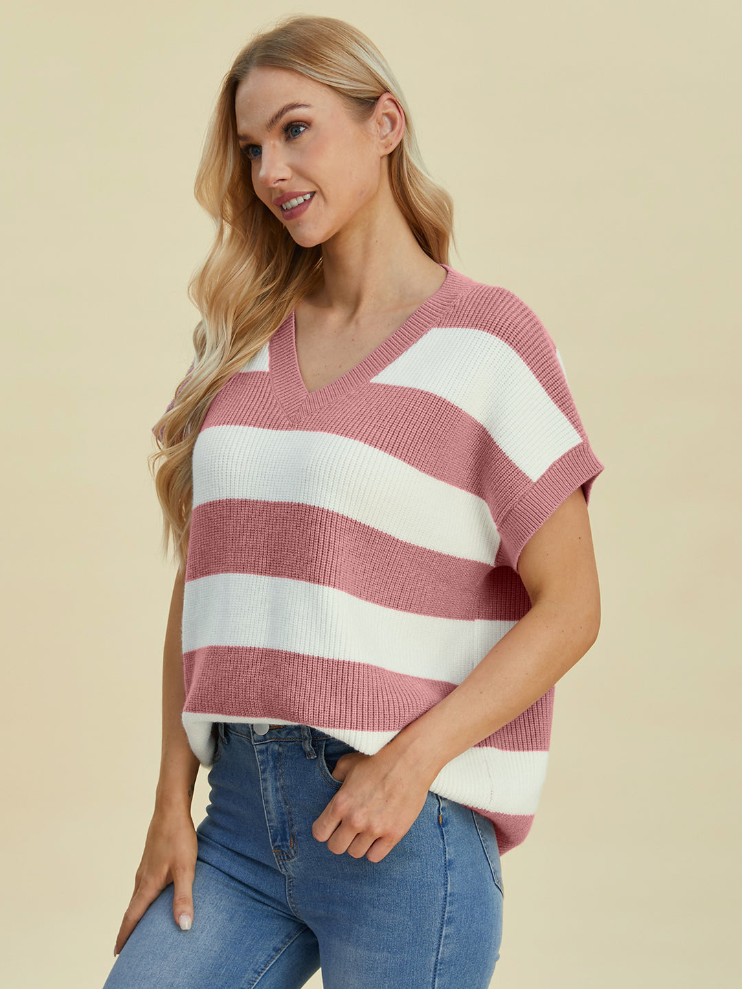 The Bouncing Doodle Striped V-Neck Short Sleeve Sweater