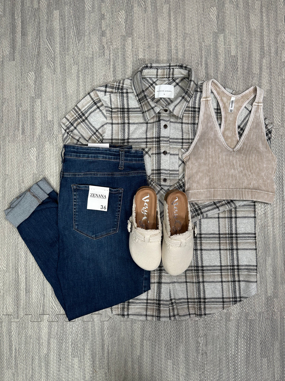 Taupe, Black & Tan Plaid Button Up