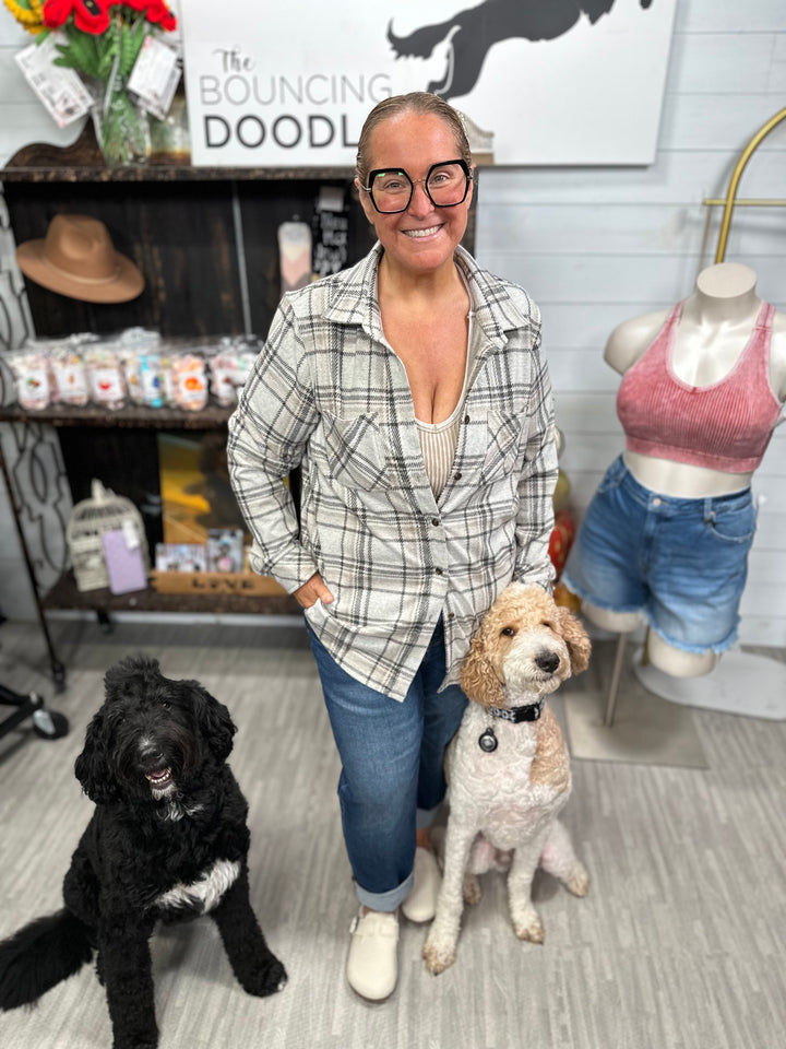 Taupe, Black & Tan Plaid Button Up