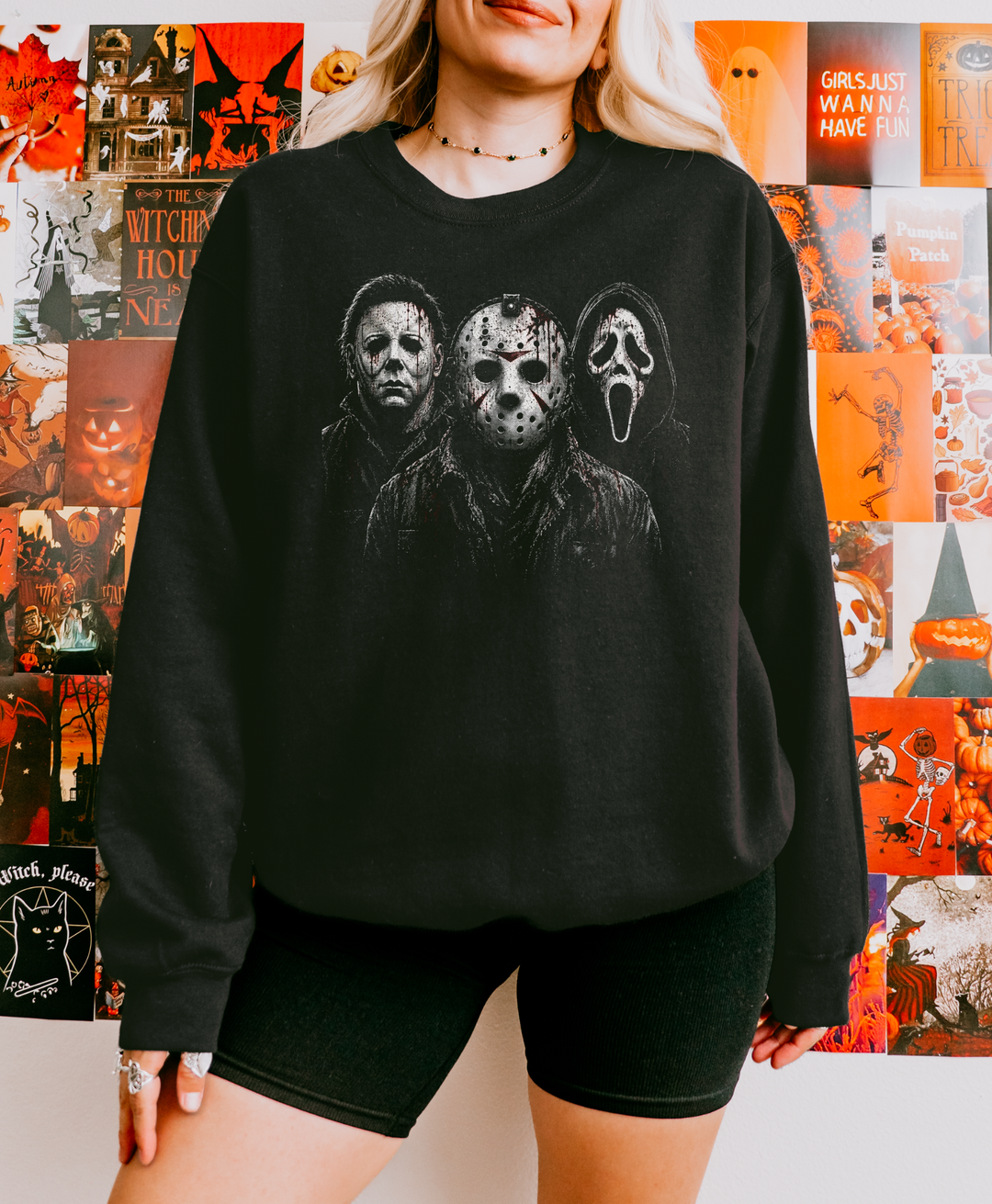 Horror Trio Graphic Crewneck in Black