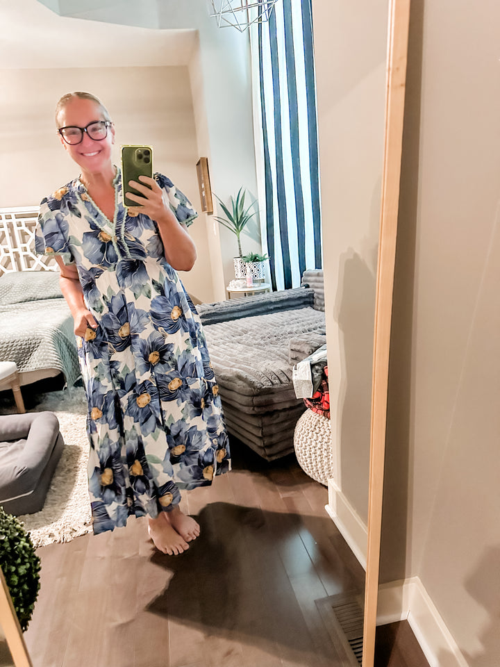 Umgee Tropical Floral V-Neck Flutter Sleeve Tiered Midi Dress