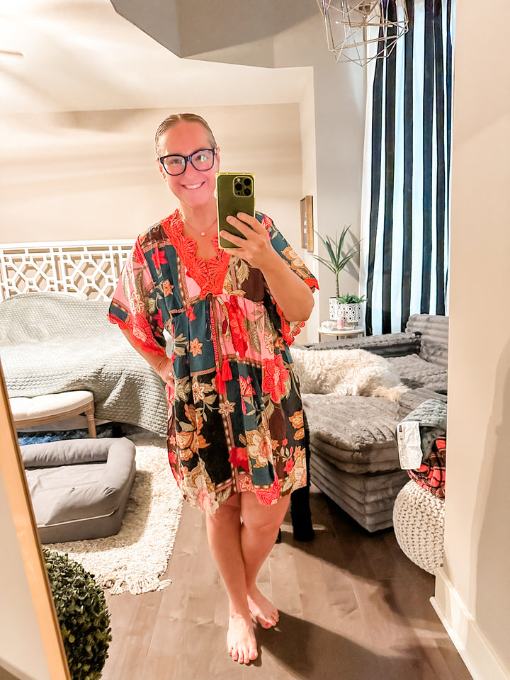 Umgee Abstract Print V-Neck Mini Dress