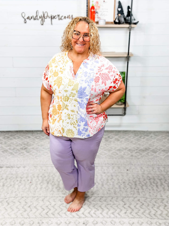 White Birch - Floral Print Notched Neckline Top