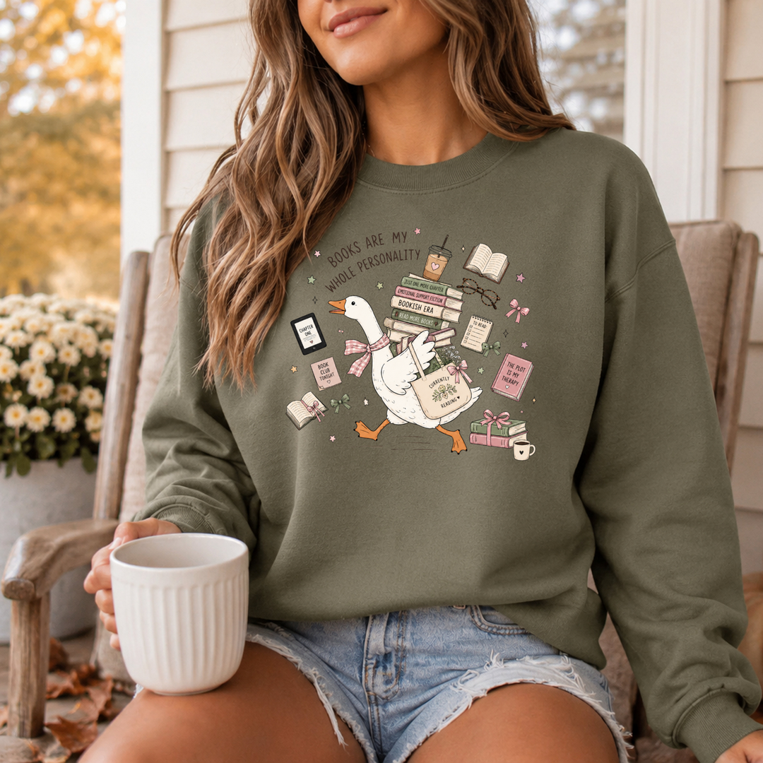 Books Are My Whole Personality Goose Graphic Crewneck in Military Green