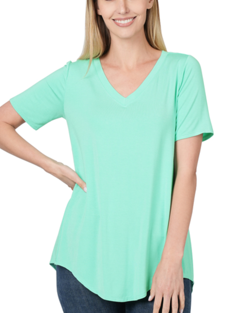 Zenana - LUXE RAYON SHORT SLEEVE V-NECK HI-LOW HEM TOP