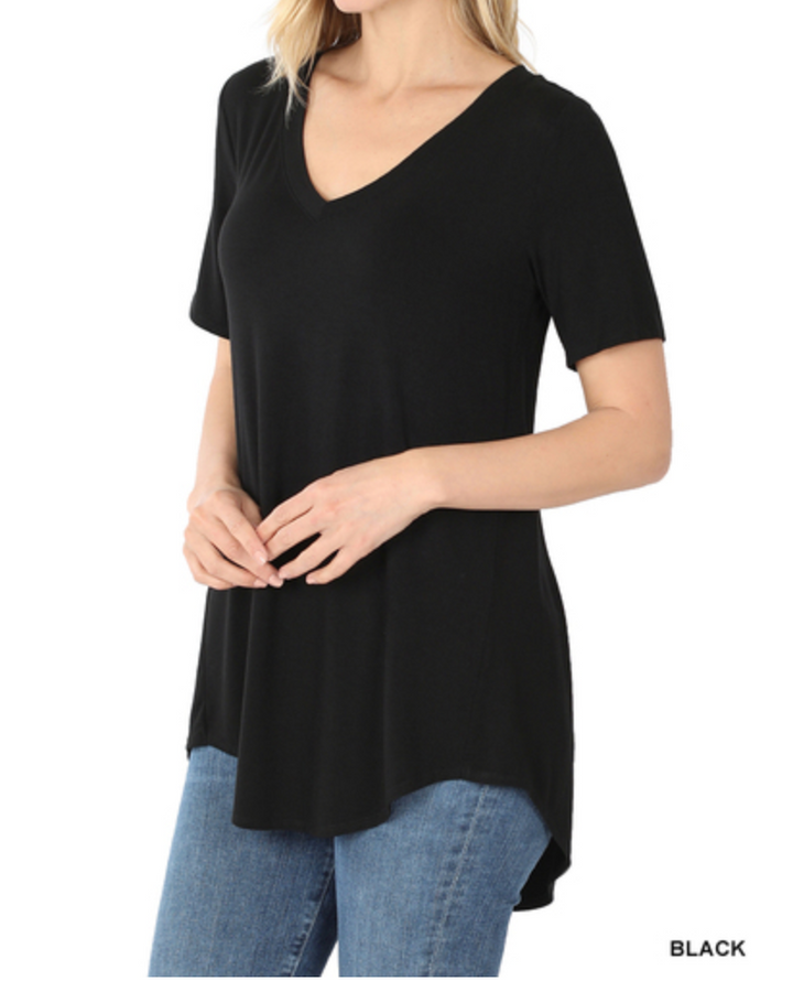 Zenana - LUXE RAYON SHORT SLEEVE V-NECK HI-LOW HEM TOP
