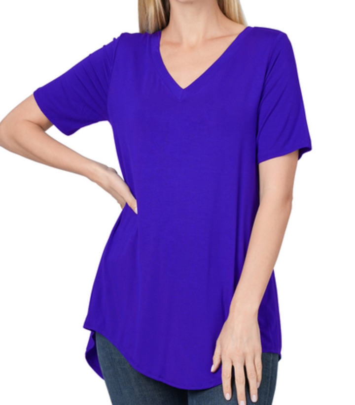 Zenana - LUXE RAYON SHORT SLEEVE V-NECK HI-LOW HEM TOP