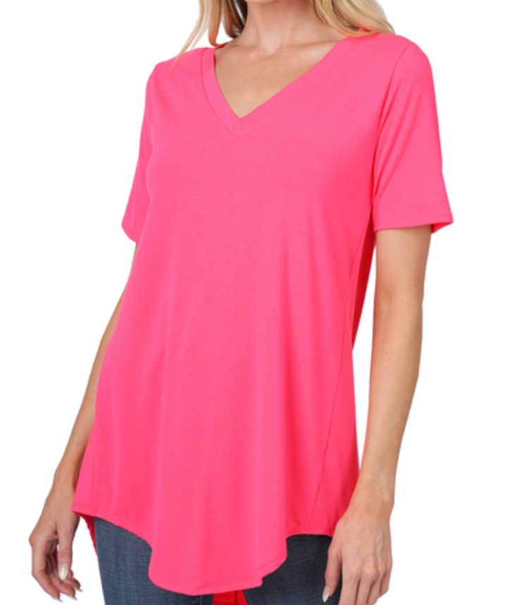 Zenana - LUXE RAYON SHORT SLEEVE V-NECK HI-LOW HEM TOP