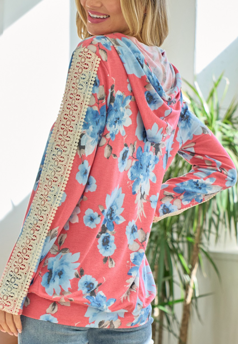 Lovely Melody - Floral Hoodie with Crochet Detail Sleeve