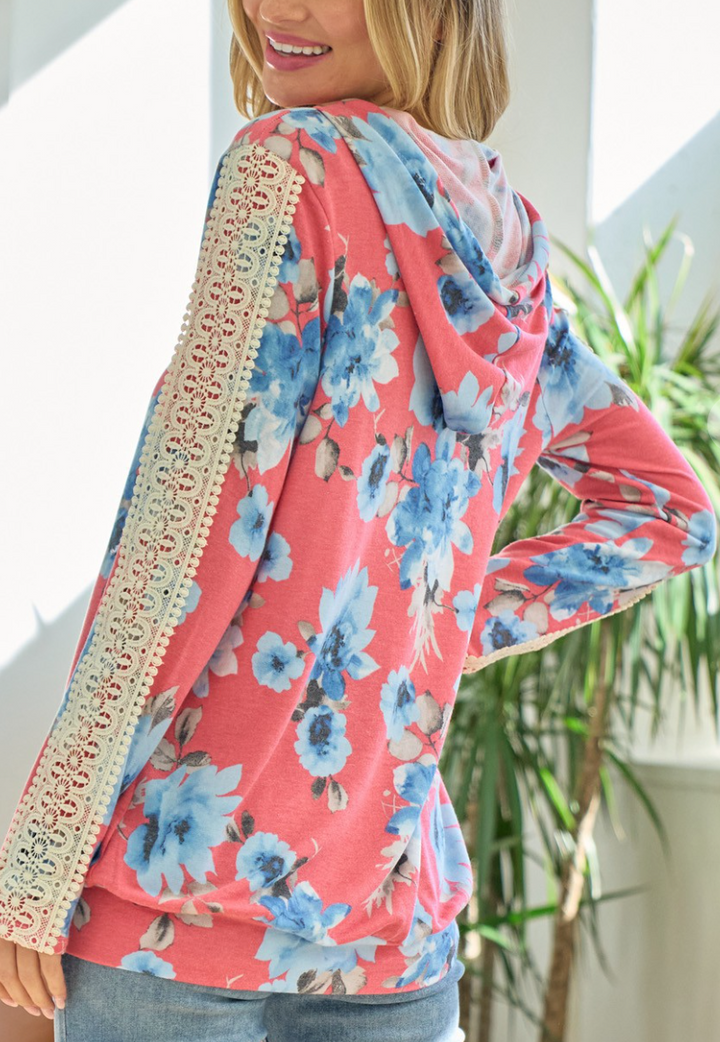Lovely Melody - Floral Hoodie with Crochet Detail Sleeve