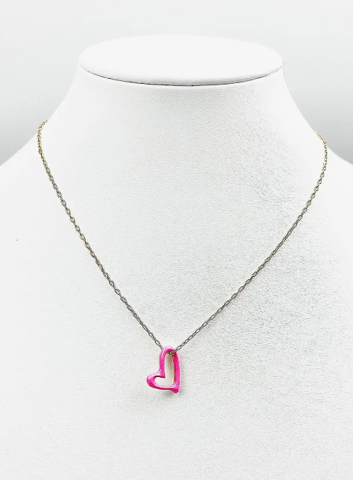Heart Shaped Enamel Pendant Necklace Pink