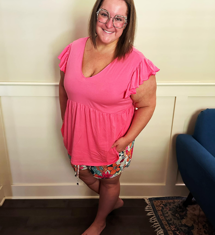 Culture Code - V Neck Ruffle Sleeve Babydoll Top