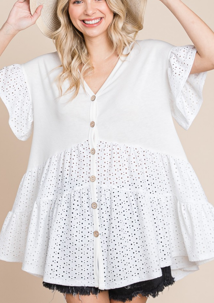 Emerald Collection - Eyelet Babydoll Button Down Top (Ivory)