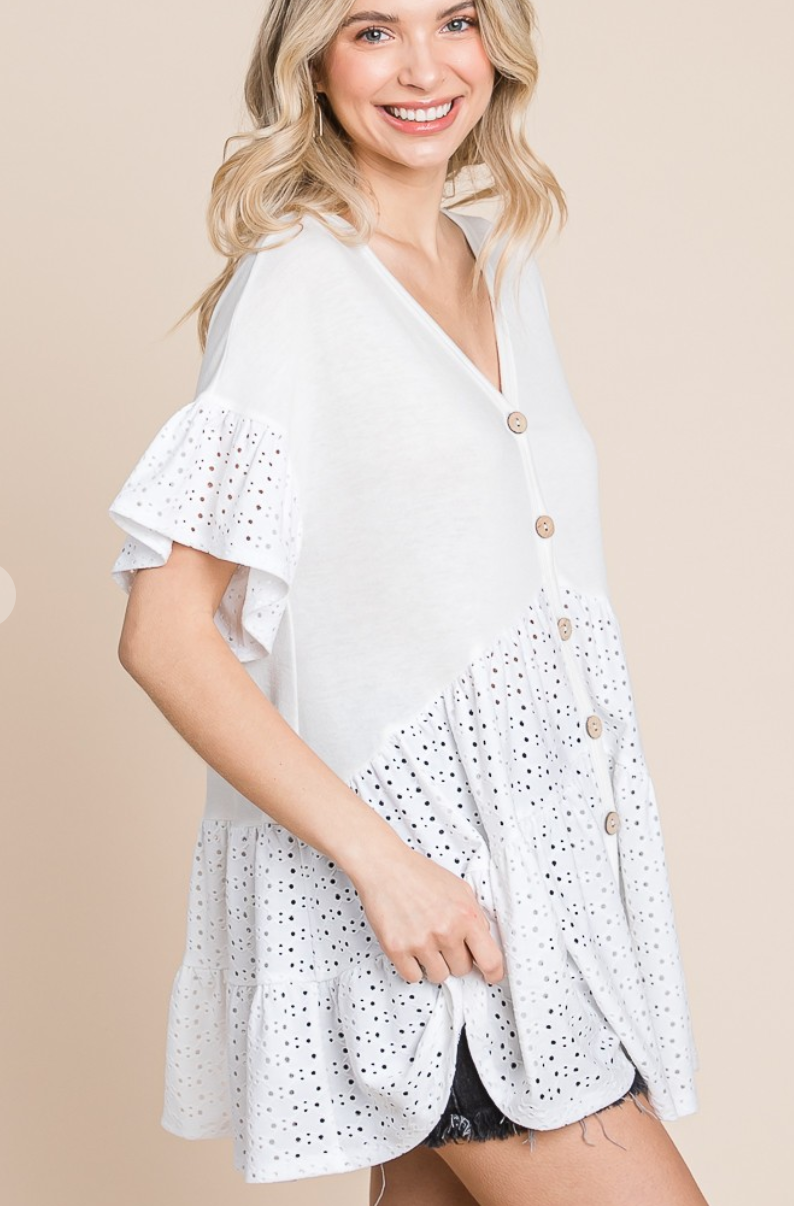 Emerald Collection - Eyelet Babydoll Button Down Top (Ivory)