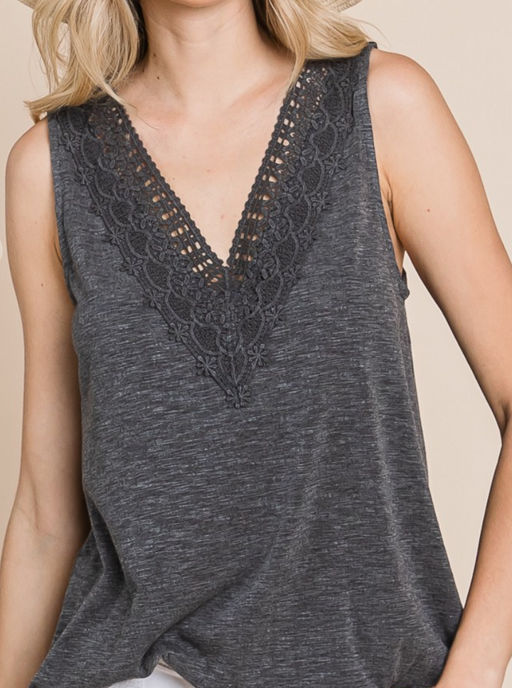 Emerald Collection - Lace V Neck Tank (Charcoal)