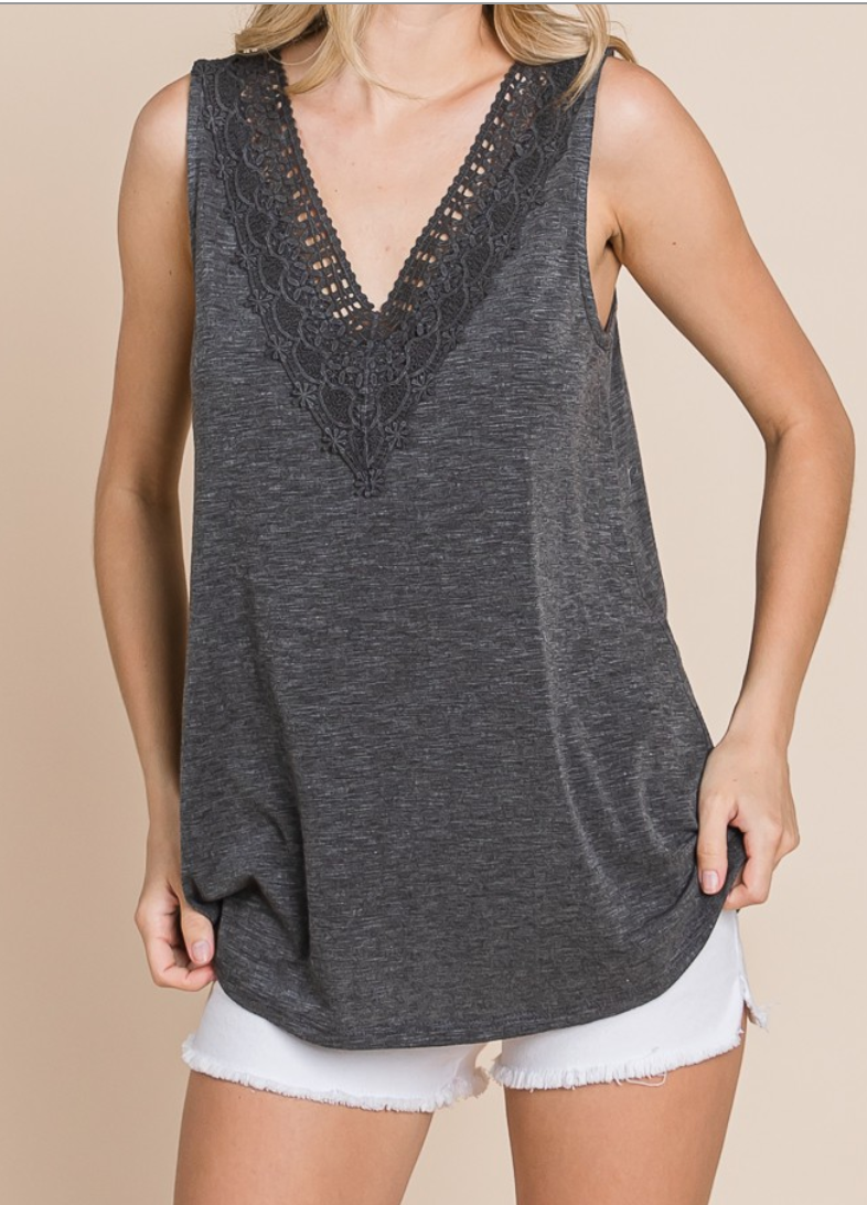 Emerald Collection - Lace V Neck Tank (Charcoal)