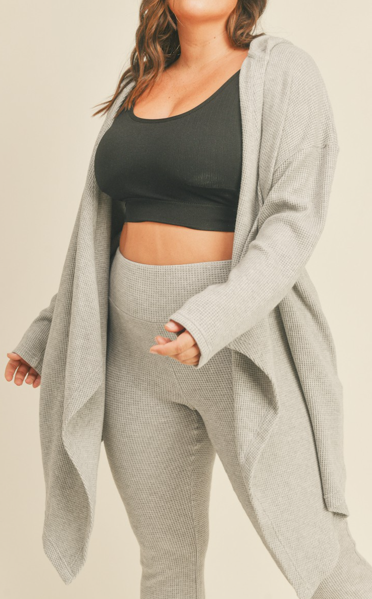 Kimberly - Soft Brushed Waffle Knit Hooded Classic Cardigan (Grey)