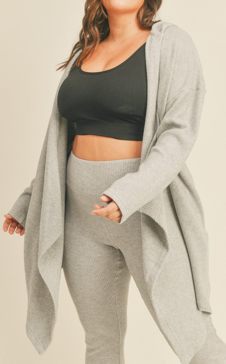 Kimberly - Soft Brushed Waffle Knit Hooded Classic Cardigan (Grey)