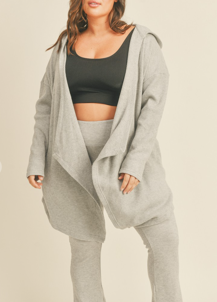 Kimberly - Soft Brushed Waffle Knit Hooded Classic Cardigan (Grey)