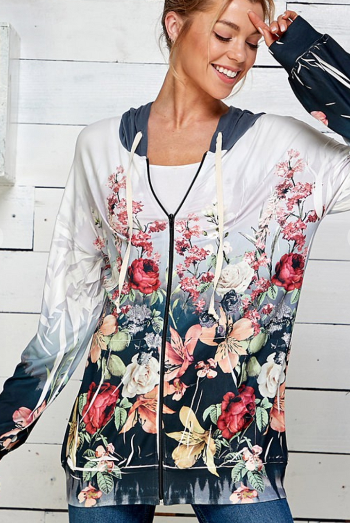 Blumin - Floral Dipped Zip Up Hoodie