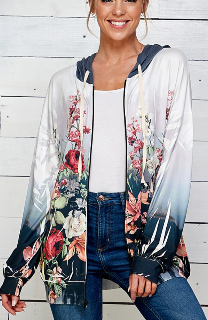 Blumin - Floral Dipped Zip Up Hoodie