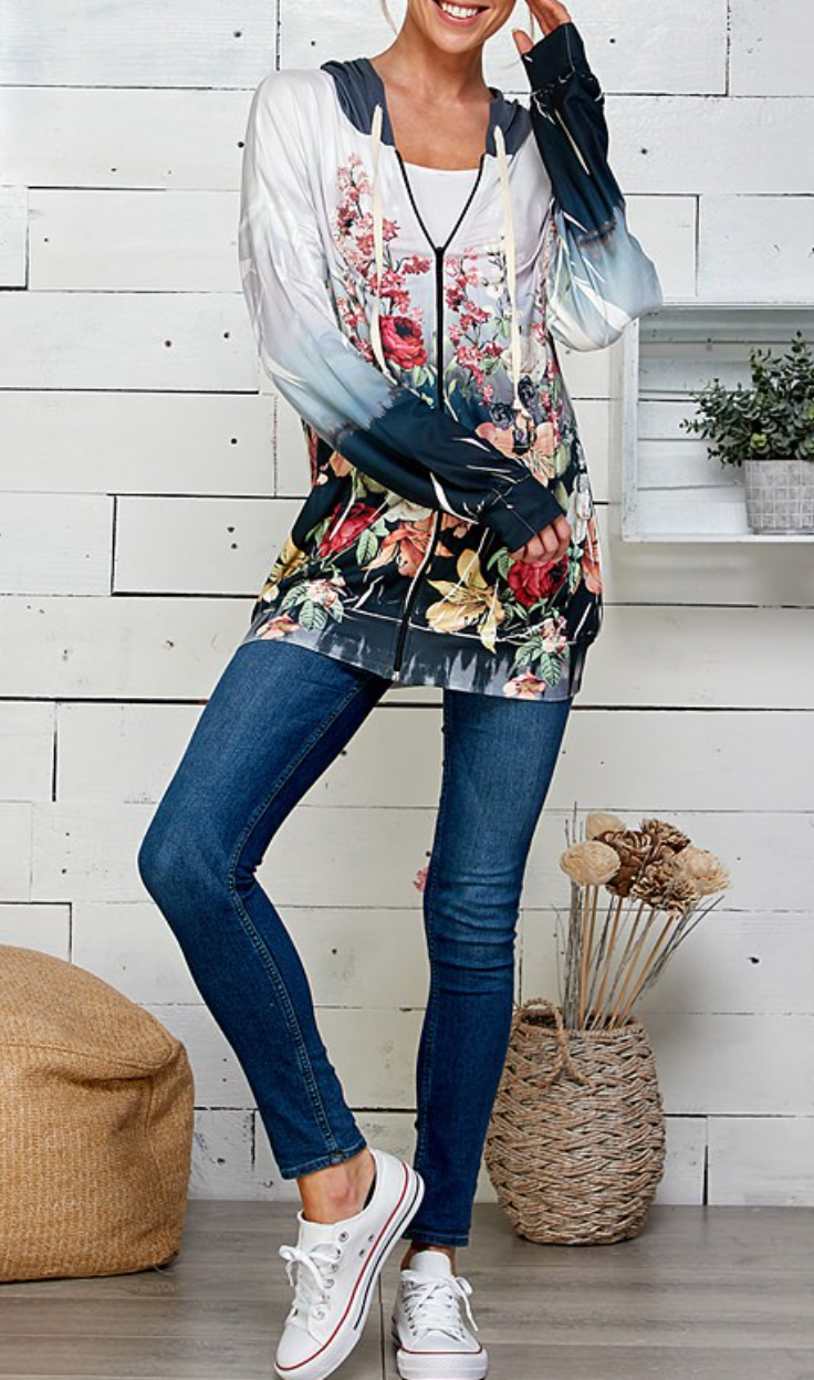Blumin - Floral Dipped Zip Up Hoodie
