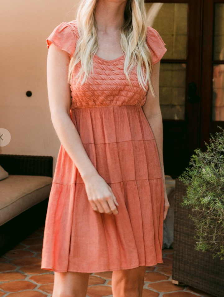 Oddi - Coral Dress w/Texture Top and Flutter Sleeve