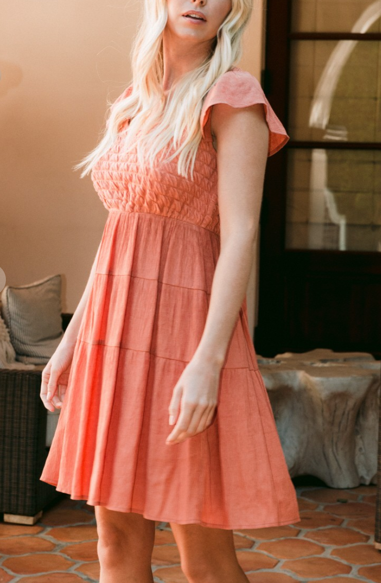 Oddi - Coral Dress w/Texture Top and Flutter Sleeve