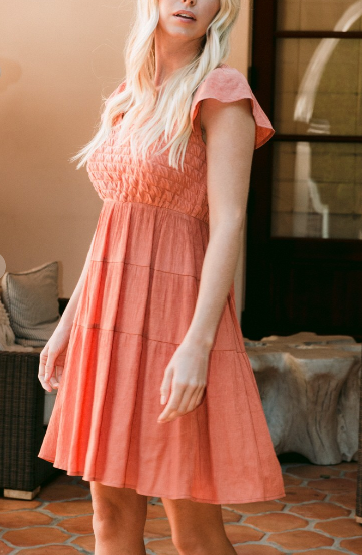 Oddi - Coral Dress w/Texture Top and Flutter Sleeve