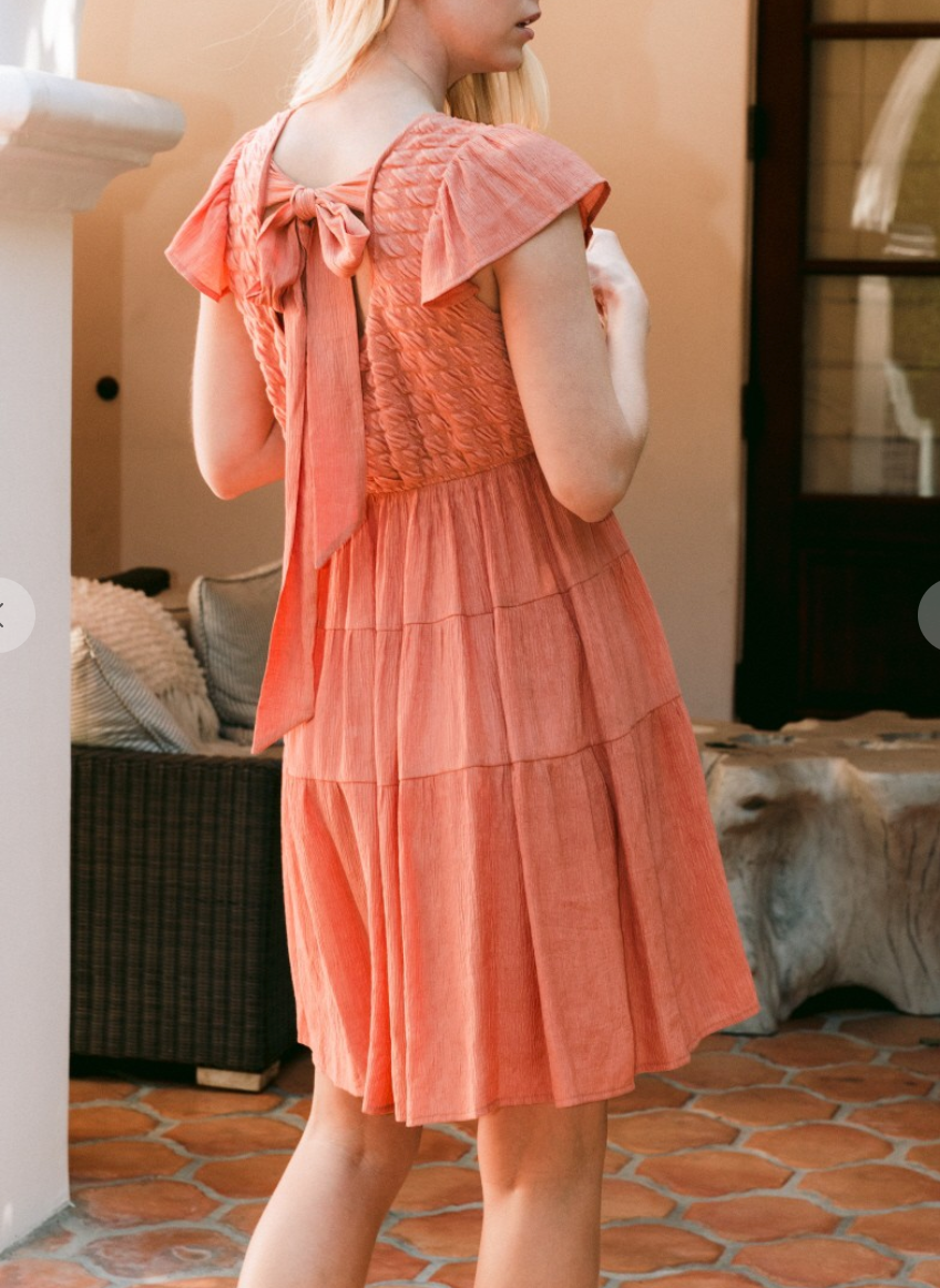 Oddi - Coral Dress w/Texture Top and Flutter Sleeve