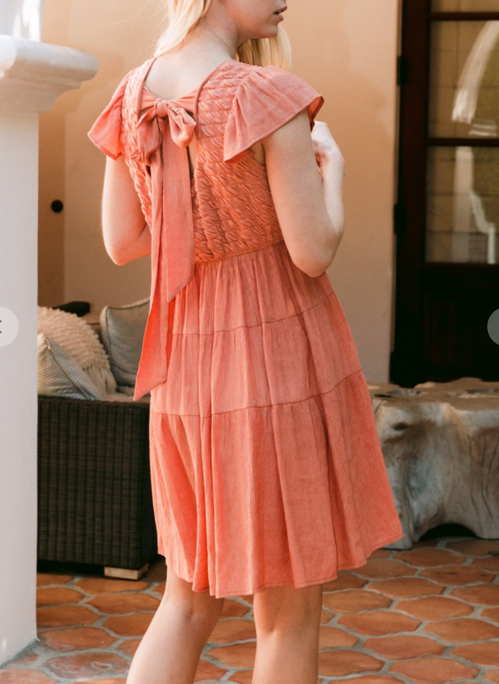 Oddi - Coral Dress w/Texture Top and Flutter Sleeve