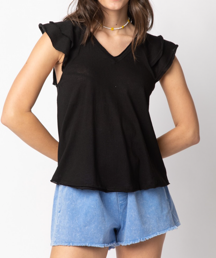 Very J - Ruffle Sleeve V Neck Top (Black)