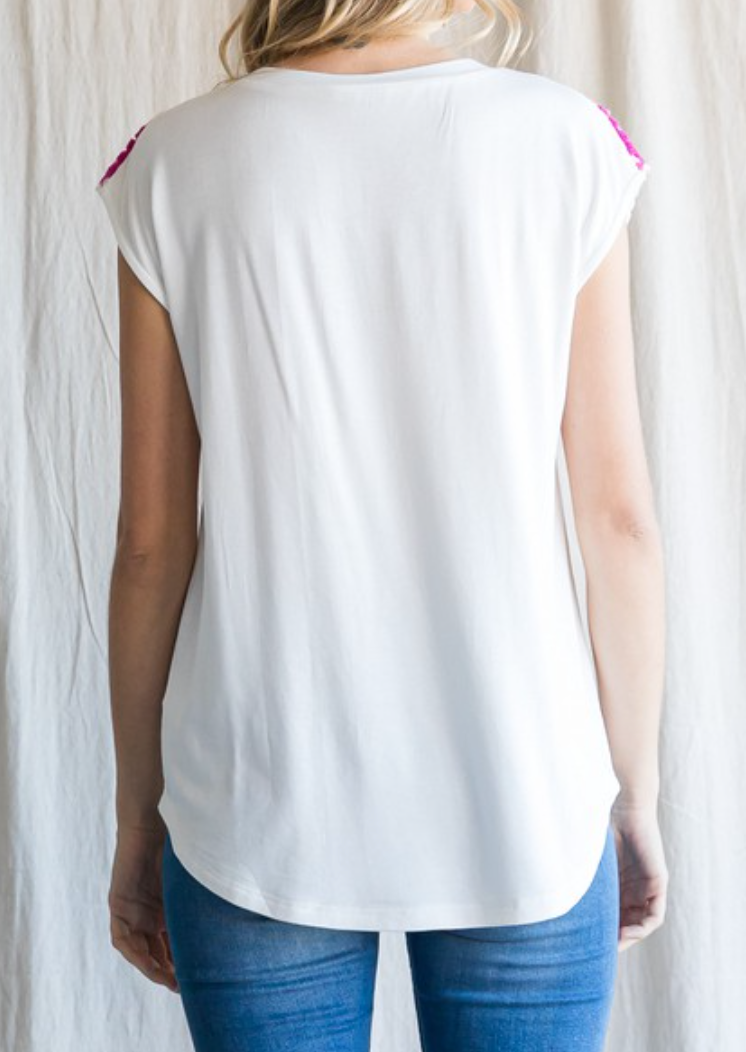 Jodifl - Solid Embroidery Cap Shoulder Top